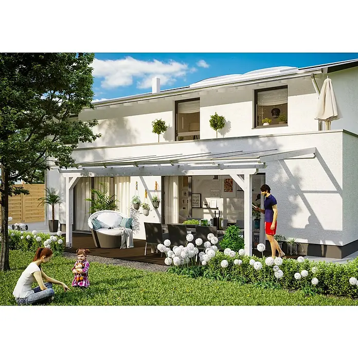 Skan Holz Terrassenüberdachung Ancona - L x T: 648 x 350 cm, Polycarbonat, Weiß - Stimmungsaufnahme