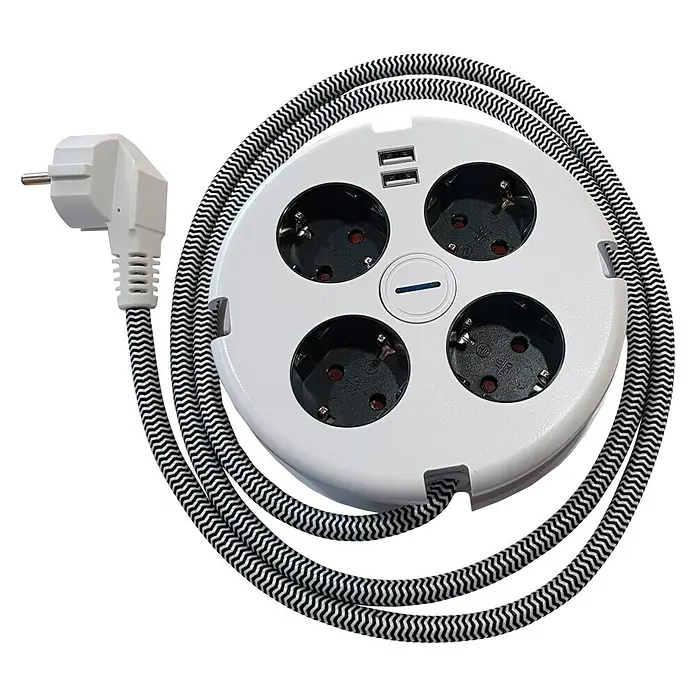 Voltomat Produžni kabel s utičnicama - 4-struko, Bijelo-crne boje, Dužina kabela: 1,4 m, 3.680 W - Pogled odozgo