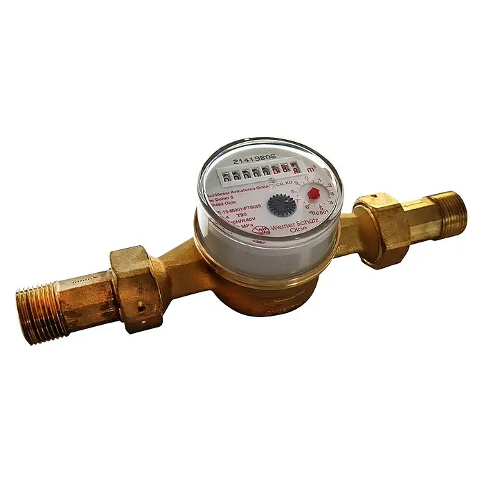 Wohnungswasserzähler Warm - Größe Anschluss: ¾″, Nenndurchfluss Qn: 4 m³/h, Einbaulänge: 130 mm - Diagonale Ansicht