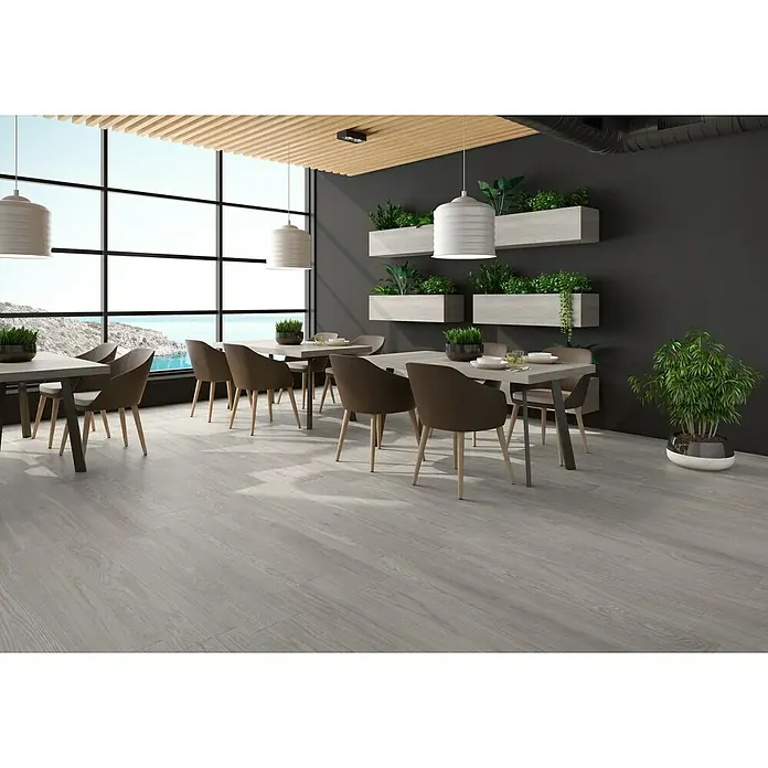 Pavimento porcelánico Noe - 23 x 120 cm, Gris, Estilo madera - Foto ambiente