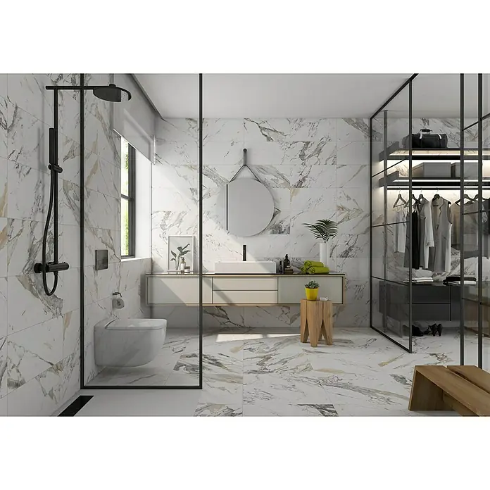 Pavimento porcelánico Tinenza - 30 x 60 cm, Blanco Carrara, Rectificado, Marmolado - Foto ambiente