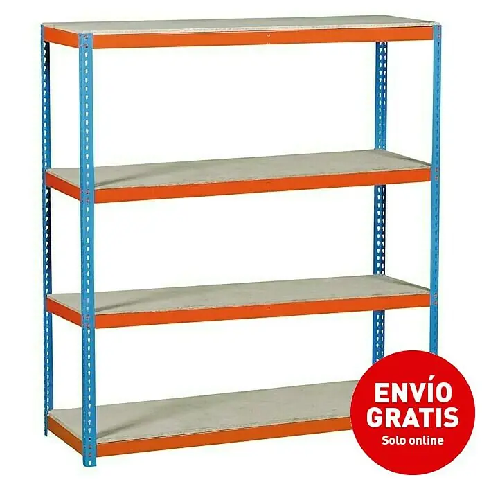 Simonrack Simonforte Estantería para cargas pesadas Chipboard - L x An x Al: 90 x 240 x 200 cm, Capacidad de carga: 400 kg/balda, Número de baldas: 4 ud., Azul/Naranja - Vista angular