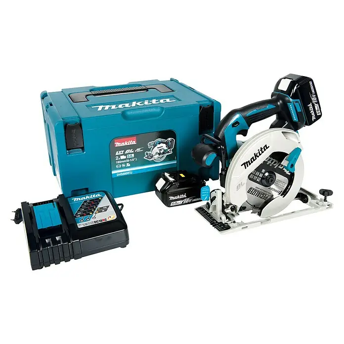 Makita Akku-Handkreissäge DHS680RTJ - 18 V, Li-Ionen, 5 Ah, 2 Akkus, Leerlaufdrehzahl: 5.000 U/min - Diagonale Ansicht