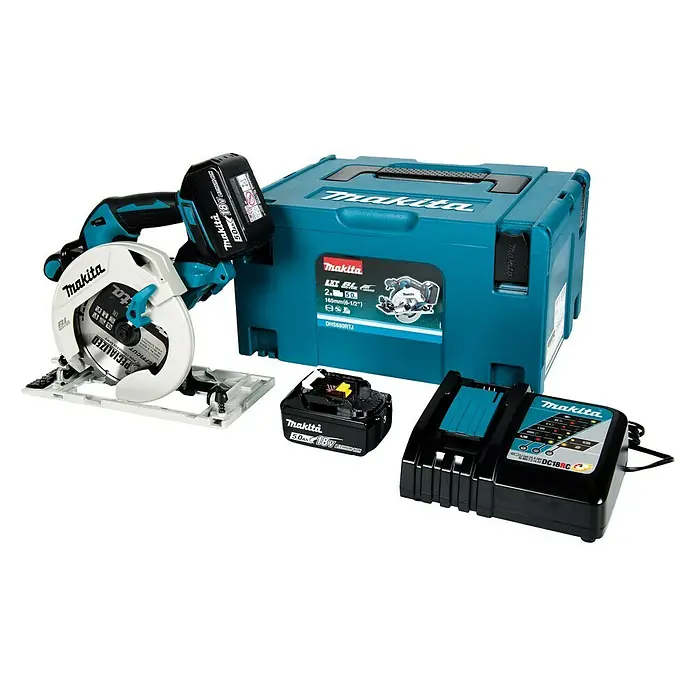 Makita Akku-Handkreissäge DHS680RTJ - 18 V, Li-Ionen, 5 Ah, 2 Akkus, Leerlaufdrehzahl: 5.000 U/min - Diagonale Ansicht