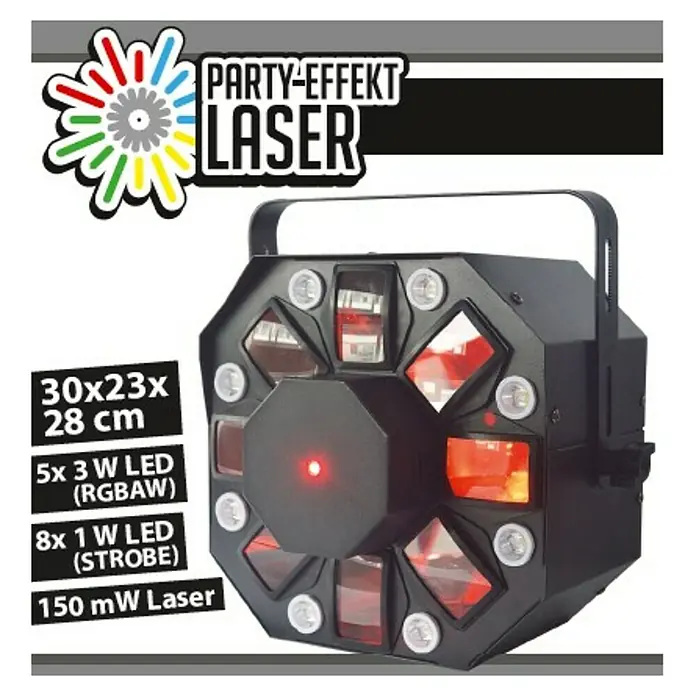 LED-Laserstrahler Laser Party - Anzahl Leuchtmittel: 16 Stk., Leuchtmittel: LED, Lichtfarbe: RGBW, Farbe Korpus: Schwarz - Vorderansicht