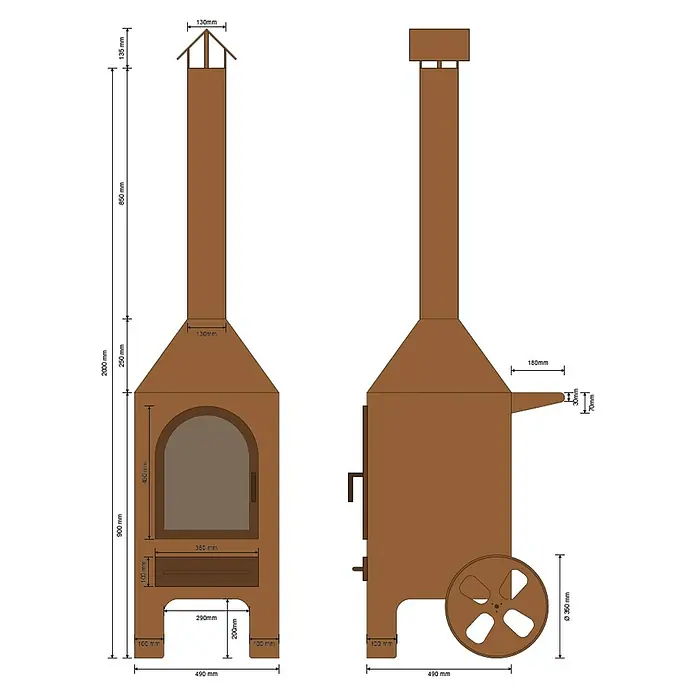 Gartenkamin - L x B x H: 65 x 74 x 210 cm, Cortenstahl - Skizze