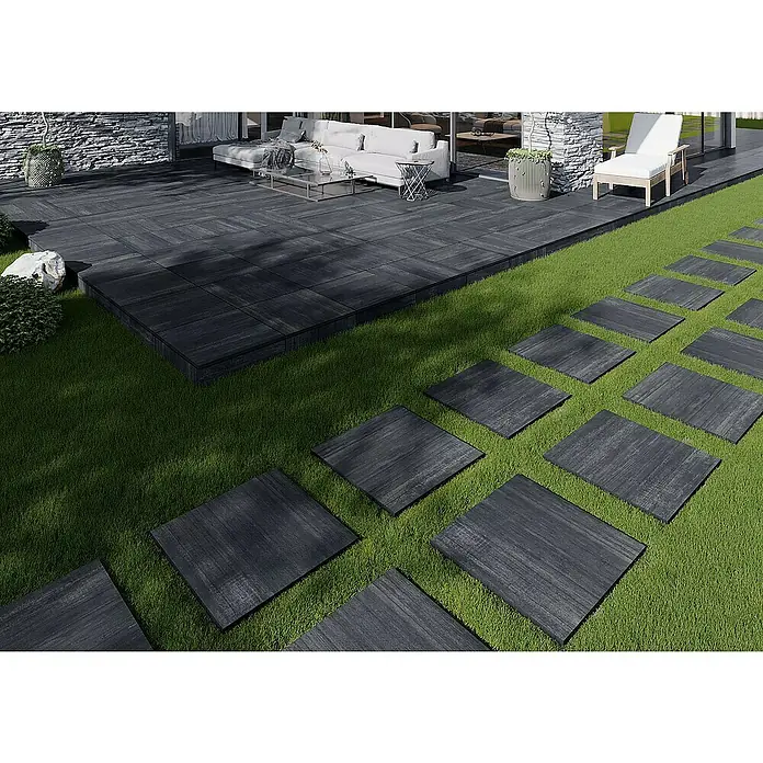 Terrassenfliese Garden Black Struktur - 60 x 60 x 2 cm, Schwarz, Matt - Stimmungsaufnahme