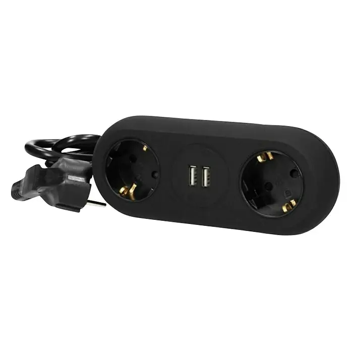 Stolna utičnica s USB priključkom - Broj šuko utičnica: 2 Kom., Crne boje, 2 USB priključka - Dijagonalni pogled