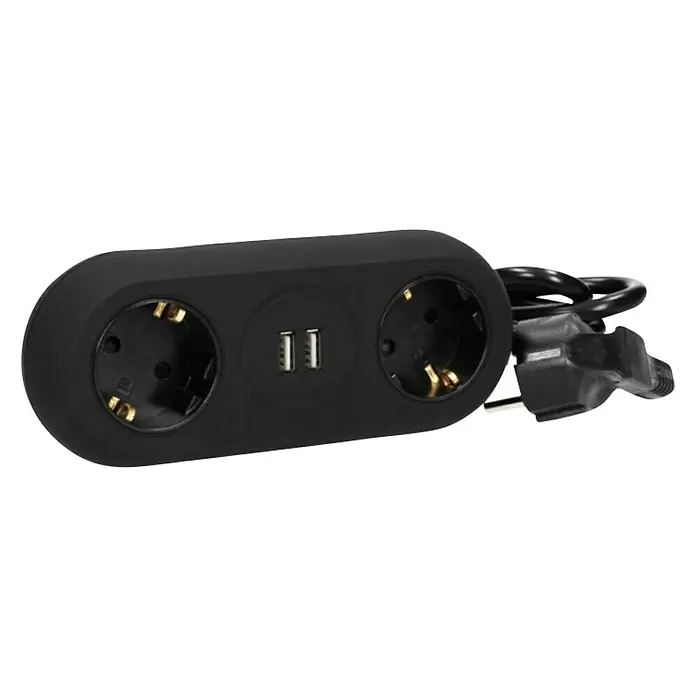 Stolna utičnica s USB priključkom - Broj šuko utičnica: 2 Kom., Crne boje, 2 USB priključka - Dijagonalni pogled
