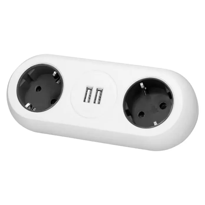 Stolna utičnica s USB priključkom - Broj šuko utičnica: 2 Kom., Bijele boje, 2 USB priključka - Dijagonalni pogled