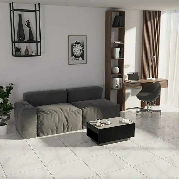 Feinsteinzeugfliese Torino Bianco - 60 x 60 cm, Weiß/Grau, Glänzend - Stimmungsaufnahme