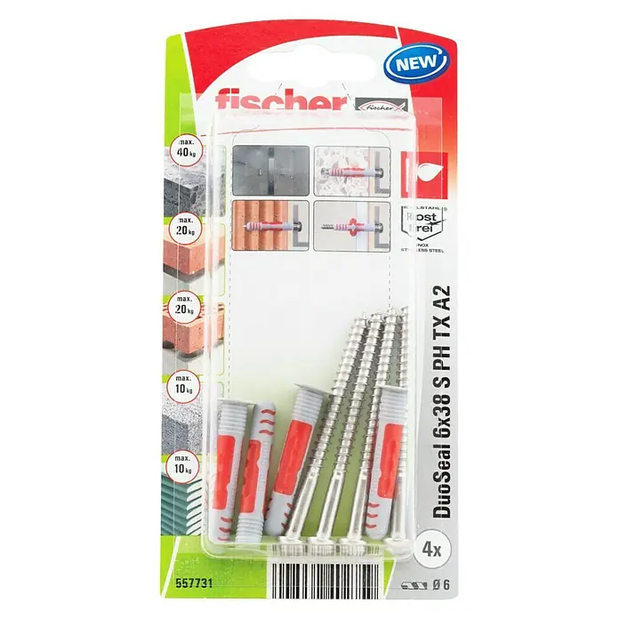 Fischer Surtido de tacos y tornillos DuoSeal - Ø x L: 6 x 38 mm, 4 uds. - Vista frontal