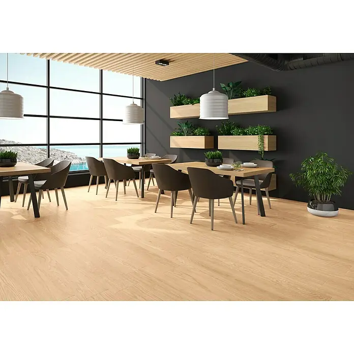 Pavimento porcelánico Noe - 23 x 120 cm, Roble, Estilo madera - Foto ambiente
