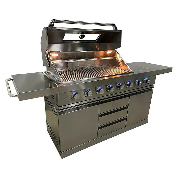 Buschbeck Outdoorküche Bristol - L x B x H: 214,8 x 64,5 x 119 cm, Edelstahl, Hauptgrillfläche: 96 x 45,5 cm, Anzahl Brenner: 8 - Diagonale Ansicht