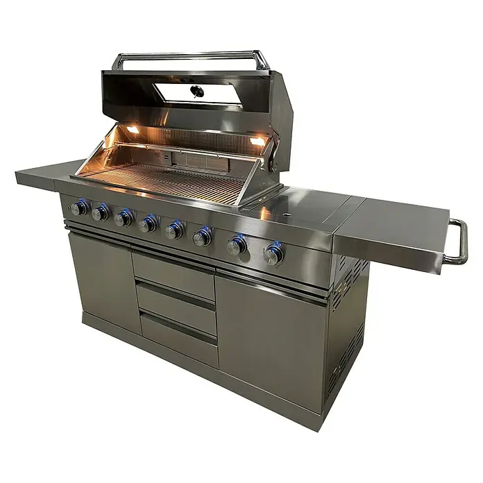 Buschbeck Outdoorküche Bristol - L x B x H: 214,8 x 64,5 x 119 cm, Edelstahl, Hauptgrillfläche: 96 x 45,5 cm, Anzahl Brenner: 8 - Diagonale Ansicht