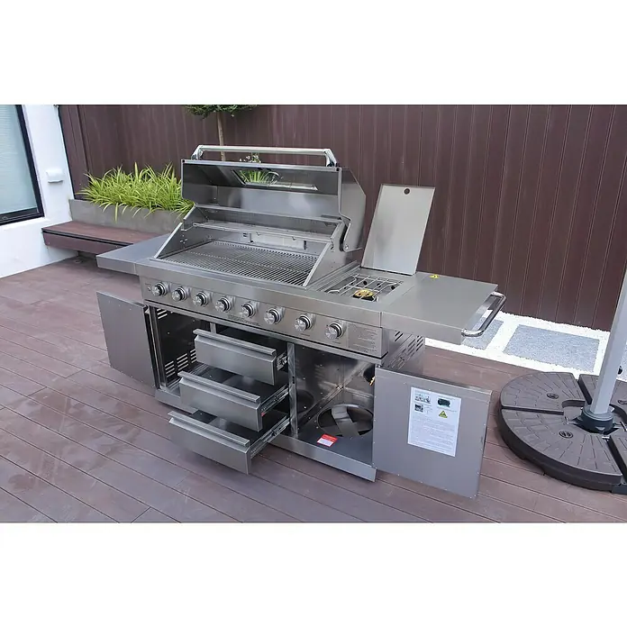 Buschbeck Outdoorküche Bristol - L x B x H: 214,8 x 64,5 x 119 cm, Edelstahl, Hauptgrillfläche: 96 x 45,5 cm, Anzahl Brenner: 8 - Stimmungsaufnahme