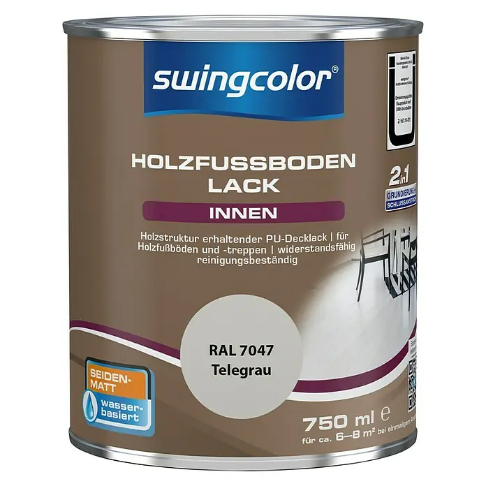 swingcolor 2in1 Holzfußbodenlack RAL 7047 - Telegrau, 750 ml, Seidenmatt, Wasserbasiert - Vorderansicht