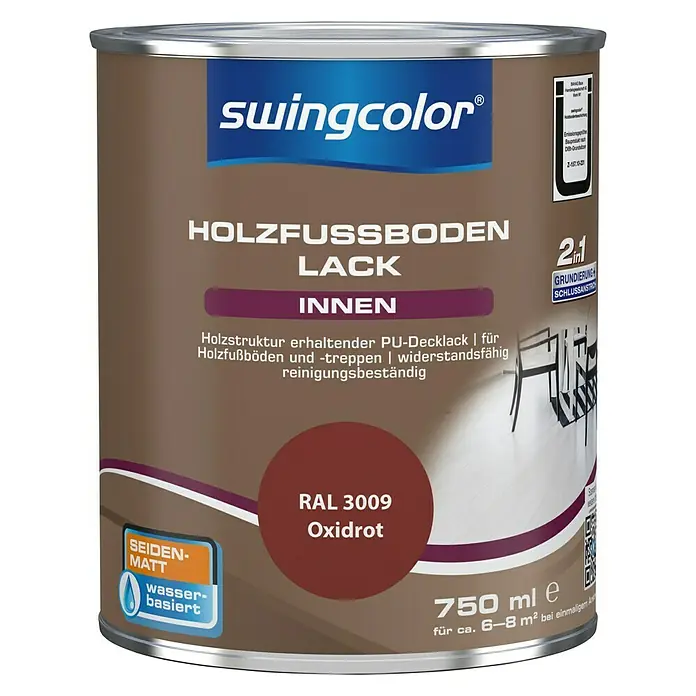 swingcolor 2in1 Holzfußbodenlack RAL 3009 - Oxidrot, 750 ml, Seidenmatt, Wasserbasiert - Vorderansicht