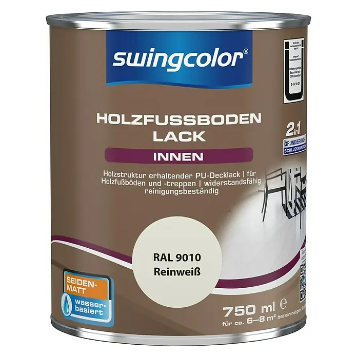 swingcolor 2in1 Holzfußbodenlack RAL 9010 - Reinweiß, 750 ml, Seidenmatt, Wasserbasiert - Vorderansicht