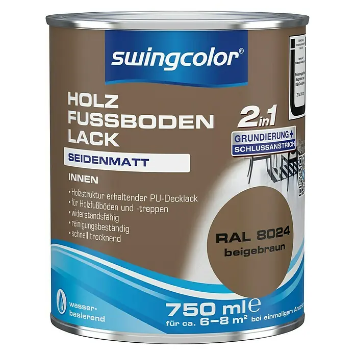 swingcolor 2in1 Holzfußbodenlack RAL 8024 - Beigebraun, 750 ml, Seidenmatt, Wasserbasiert - Vorderansicht