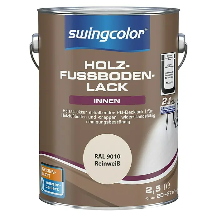 swingcolor 2in1 Holzfußbodenlack RAL 9010 - Reinweiß, 2,5 l, Seidenmatt, Wasserbasiert - Vorderansicht