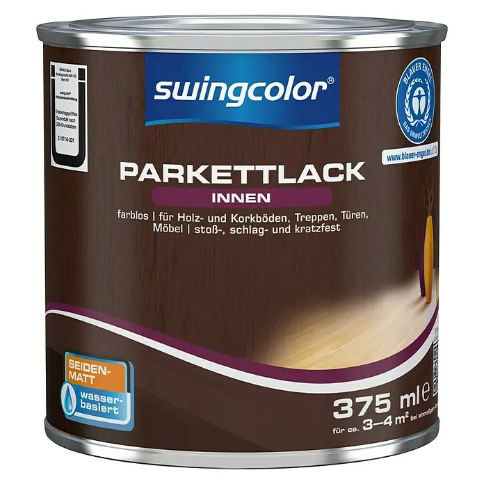 swingcolor Parkettlack - Farblos, Seidenmatt, 375 ml, Wasserbasiert - Vorderansicht