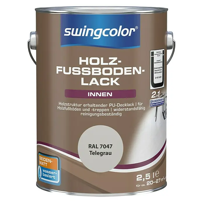 swingcolor 2in1 Holzfußbodenlack RAL 7047 - Telegrau, 2,5 l, Seidenmatt, Wasserbasiert - Vorderansicht
