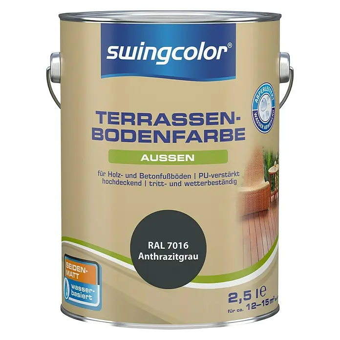swingcolor Renovierfarbe Terrassenbodenfarbe RAL 7016 - Anthrazitgrau, 2,5 l, Seidenmatt, Wasserbasiert, PU-verstärkt - Vorderansicht