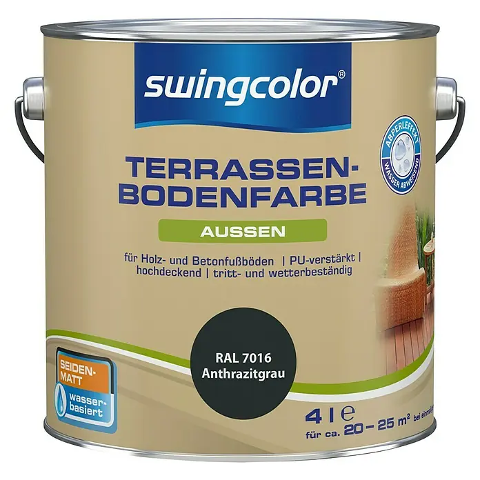 swingcolor Renovierfarbe Terrassenbodenfarbe RAL 7016 - Anthrazitgrau, 4 l, Seidenmatt, Wasserbasiert, PU-verstärkt - Vorderansicht