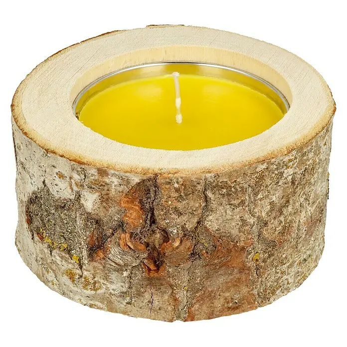 Duftkerze Holzkerzenhalter - Citronella, Gelb, Ø x H: 16 x 7,5 cm - Diagonale Ansicht