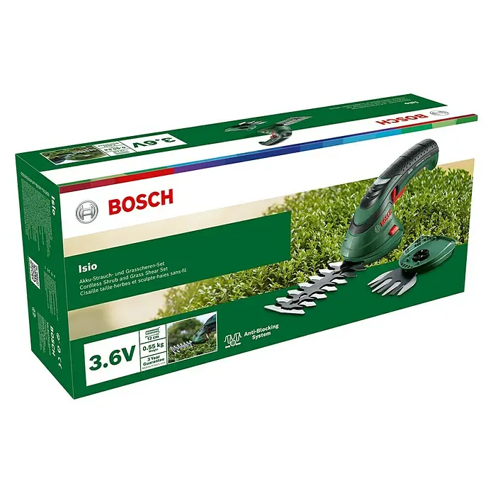Bosch ISIO Set škara za travu i grmlje - 3,6 V, Litij-ionska, 1,5 Ah, 1 baterija, Širina noža: 8 cm, Vrijeme rada akumulatora: 50 min - Dijagonalni pogled