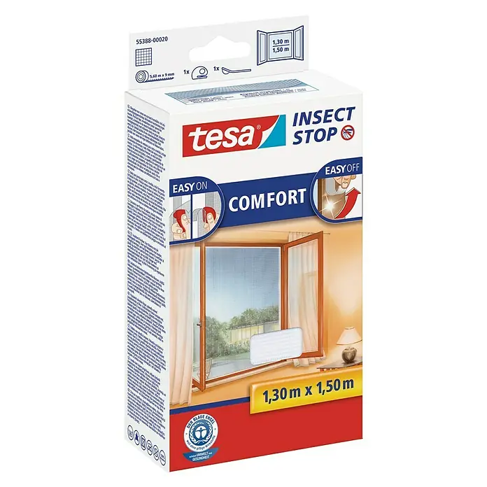 Tesa Insect Stop Rovarháló COMFORT ablakokhoz - Fehér, Tépőzáras rögzítés - Szögletes nézet