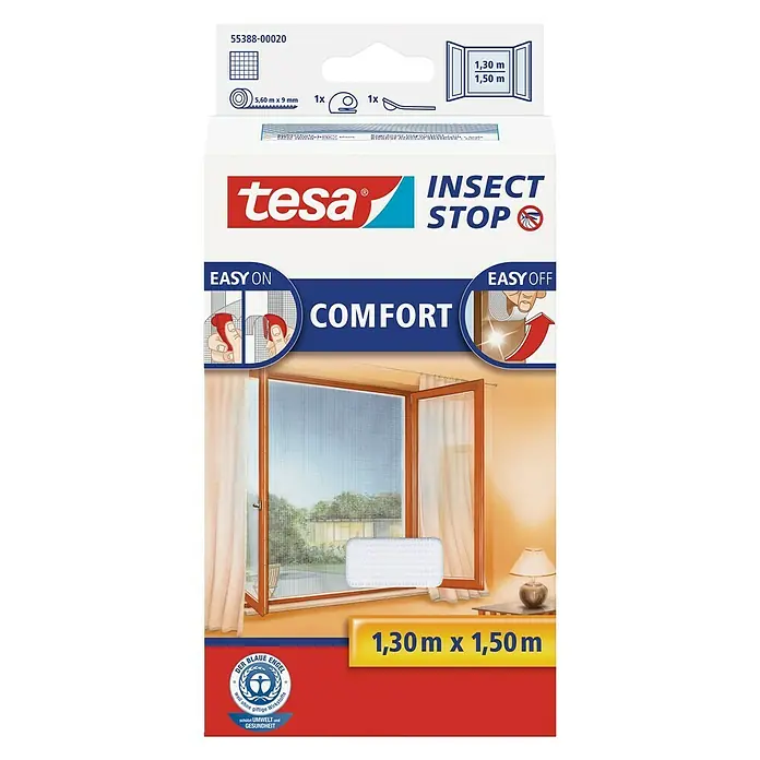 Tesa Insect Stop Rovarháló COMFORT ablakokhoz - Fehér, Tépőzáras rögzítés - Elülső nézet