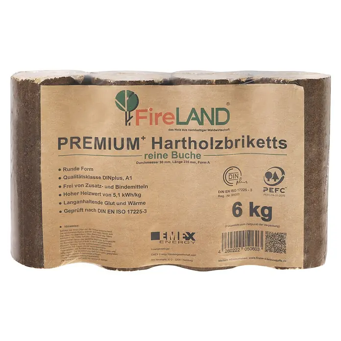 Fireland Hartholzbriketts Premium - 6 kg, Buche - Vorderansicht