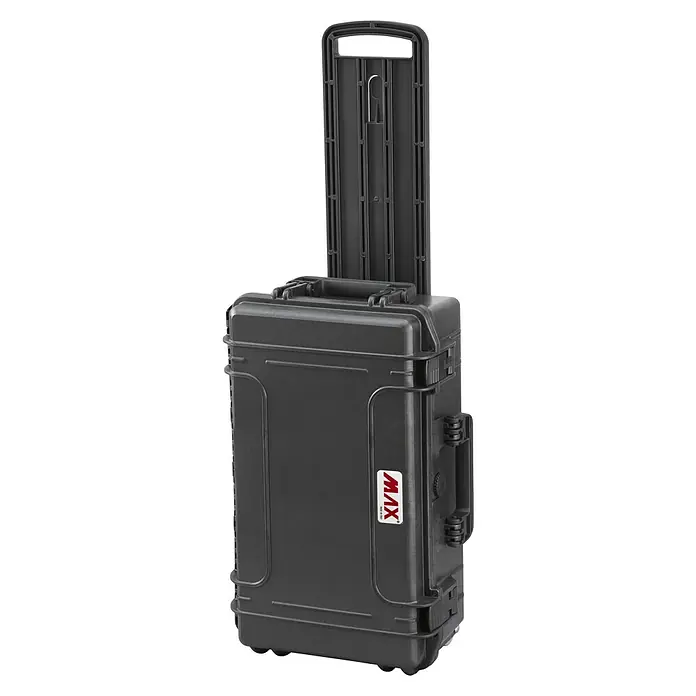 Wasserdichter Koffer MAX520TR - L x B x H: 585 x 361 x 238 mm, Ohne Schaumstoffeinlage, Ausziehbarer Trolley, Schwarz, Kunststoff - Diagonale Ansicht