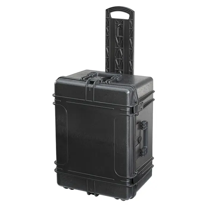 Wasserdichter Koffer MAX620TR - L x B x H: 687 x 528 x 376 mm, Ohne Schaumstoffeinlage, Ausziehbarer Trolley, Schwarz, Kunststoff - Diagonale Ansicht