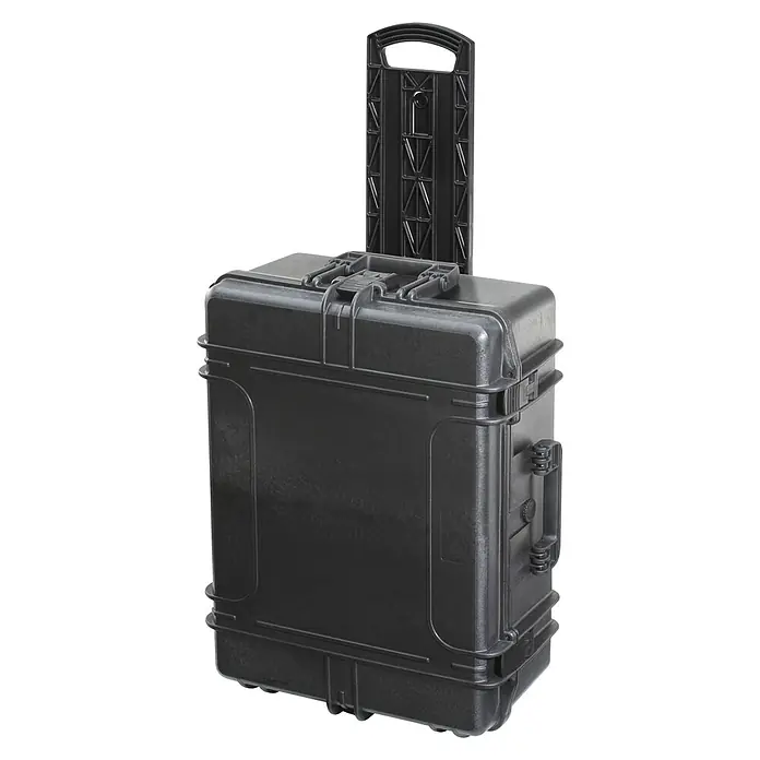 Wasserdichter Koffer MAX620TR - L x B x H: 687 x 528 x 286 mm, Ohne Schaumstoffeinlage, Ausziehbarer Trolley, Schwarz, Kunststoff - Diagonale Ansicht