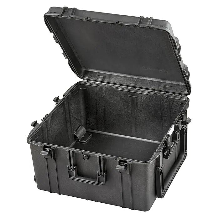 Wasserdichter Koffer MAX615TR - L x B x H: 680 x 675 x 393 mm, Ohne Schaumstoffeinlage, Ausziehbarer Trolley, Schwarz, Kunststoff - Diagonale Ansicht