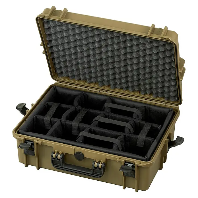 Wasserdichter Koffer MAX505CAM - L x B x H: 555 x 428 x 211 mm, Kunststoff, Mit Fototasche, Sahara - Diagonale Ansicht