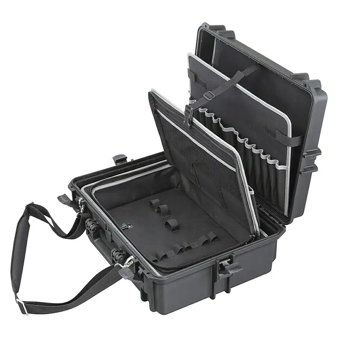 Wasserdichter Koffer MAX505 - L x B x H: 555 x 428 x 211 mm, Mit Werkzeugeinsatz, Schwarz, Kunststoff - Diagonale Ansicht