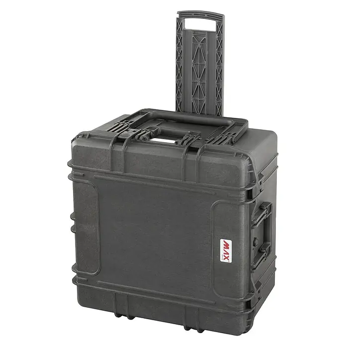 Wasserdichter Koffer MAX615TR - L x B x H: 680 x 675 x 393 mm, Ohne Schaumstoffeinlage, Ausziehbarer Trolley, Schwarz, Kunststoff - Diagonale Ansicht