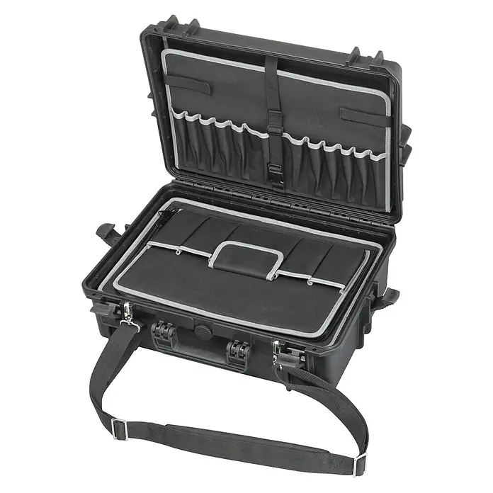 Wasserdichter Koffer MAX505 - L x B x H: 555 x 428 x 211 mm, Mit Werkzeugeinsatz, Schwarz, Kunststoff - Diagonale Ansicht