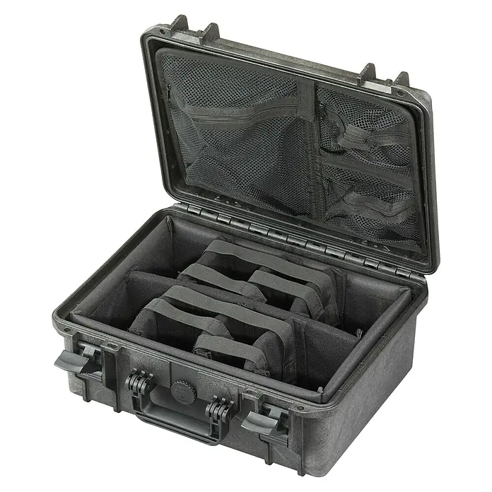 Wasserdichter Koffer MAX380CAM ORG - L x B x H: 414 x 345 x 174 mm, Mit Fototasche & Organizer, Schwarz, Kunststoff - Diagonale Ansicht