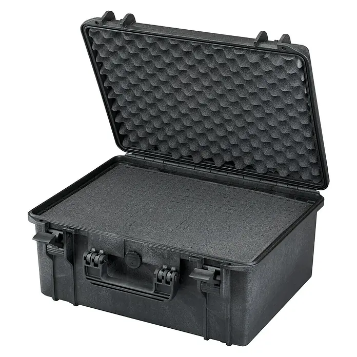 Wasserdichter Koffer MAX465 - L x B x H: 502 x 415 x 246 mm, Mit Würfelschaumstoffeinlage, Schwarz, Kunststoff - Diagonale Ansicht