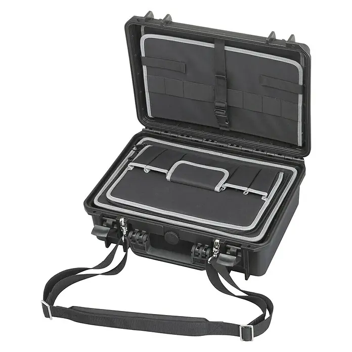 Wasserdichter Koffer MAX430 - L x B x H: 464 x 366 x 176 mm, Mit Werkzeugeinsatz, Schwarz, Kunststoff - Diagonale Ansicht