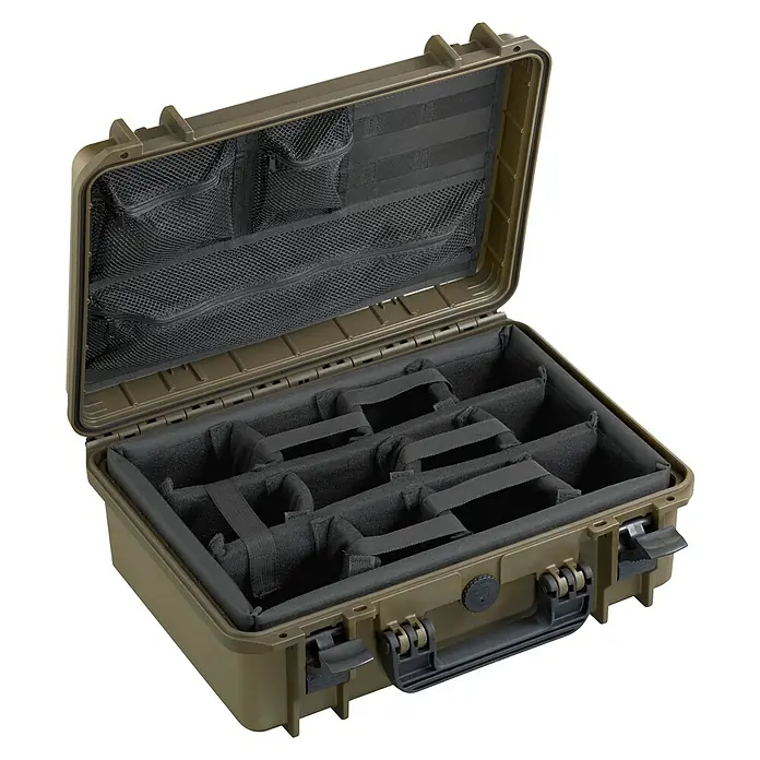 Wasserdichter Koffer MAX430 - L x B x H: 464 x 366 x 176 mm, Kunststoff, Mit Fototasche & Organizer, Sahara - Diagonale Ansicht
