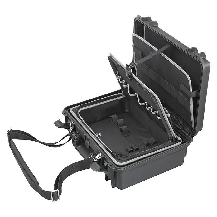 Wasserdichter Koffer MAX430 - L x B x H: 464 x 366 x 176 mm, Mit Werkzeugeinsatz, Schwarz, Kunststoff - Diagonale Ansicht