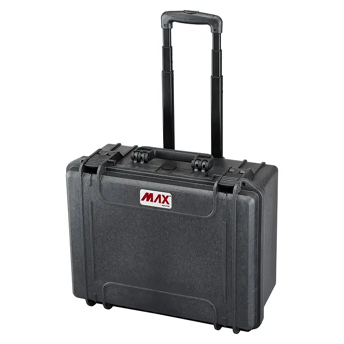 Wasserdichter Koffer MAX465TR - L x B x H: 502 x 422 x 267 mm, Ohne Schaumstoffeinlage, Ausziehbarer Trolley, Schwarz, Kunststoff - Diagonale Ansicht