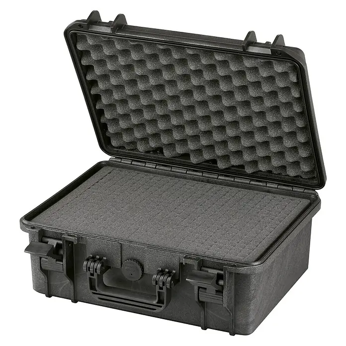 Wasserdichter Koffer MAX380 - L x B x H: 414 x 345 x 174 mm, Mit Würfelschaumstoffeinlage, Schwarz, Kunststoff - Diagonale Ansicht