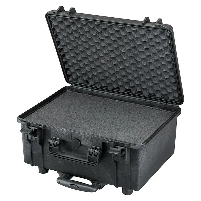 Wasserdichter Koffer MAX465TR - L x B x H: 502 x 422 x 267 mm, Mit Würfelschaumstoffeinlage, Ausziehbarer Trolley, Schwarz, Kunststoff - Diagonale Ansicht